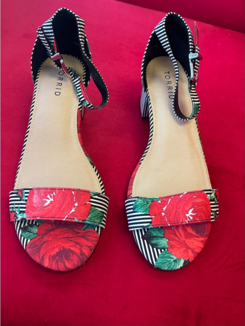 Torrid Red Floral & Black-White Striped Slingback Mules 8.5 Wide